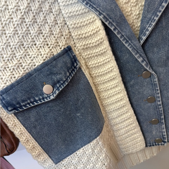 Cream Knit Cardigan with Blue Denim Collar - Picture 5 of 7